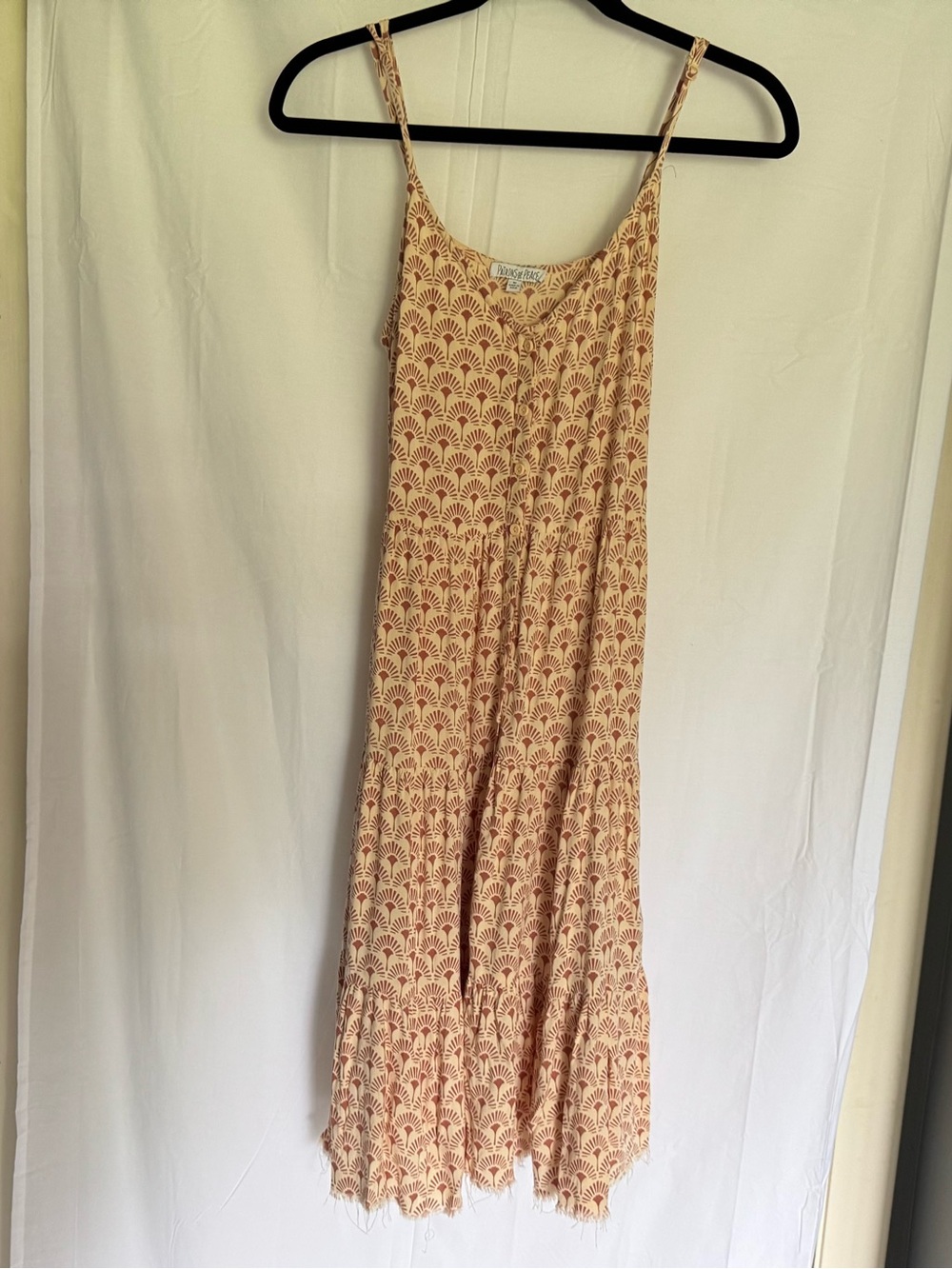 Patrons of Peace Beige Midi Dress with Rust Print & Distressed Hem Size M